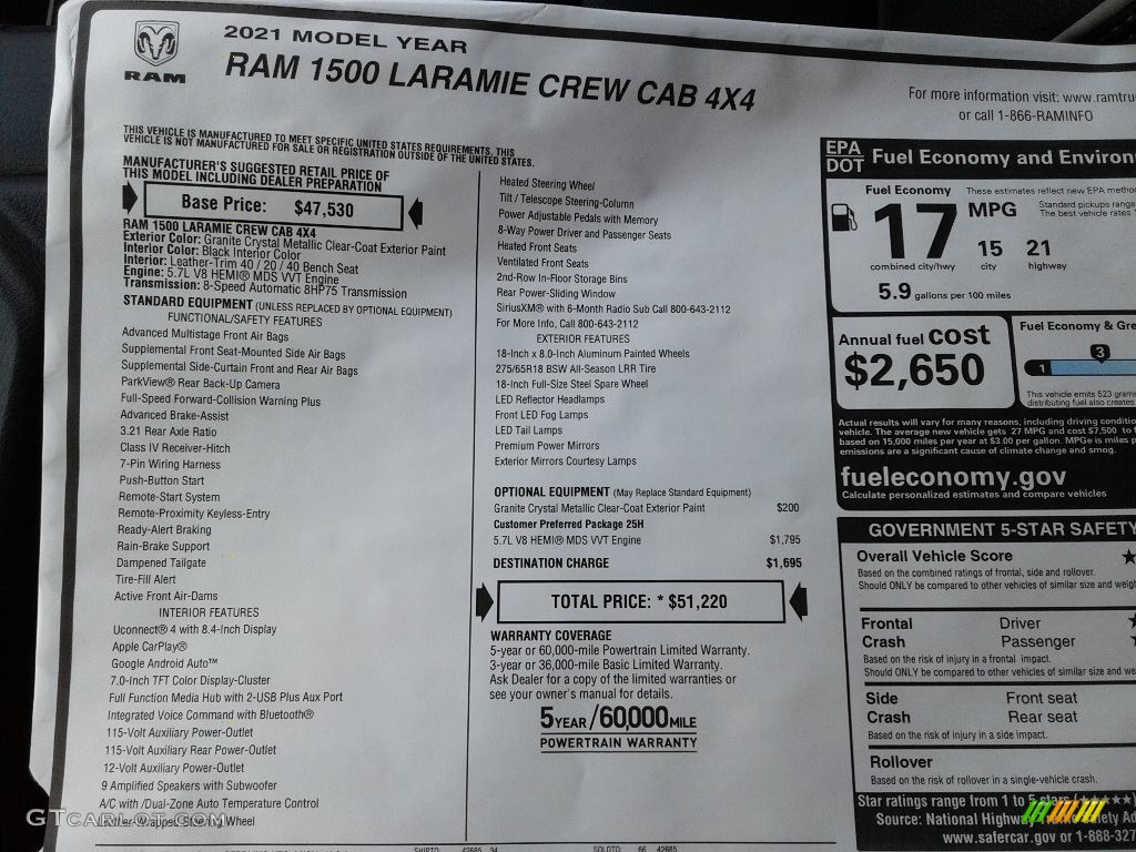 2021 Ram 1500 Laramie Crew Cab 4x4 Window Sticker Photo #139976416