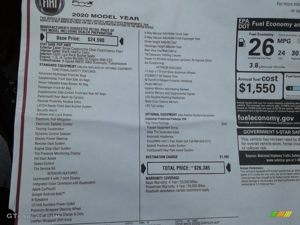 2020 Fiat 500X Pop AWD Window Sticker Photo #139977238