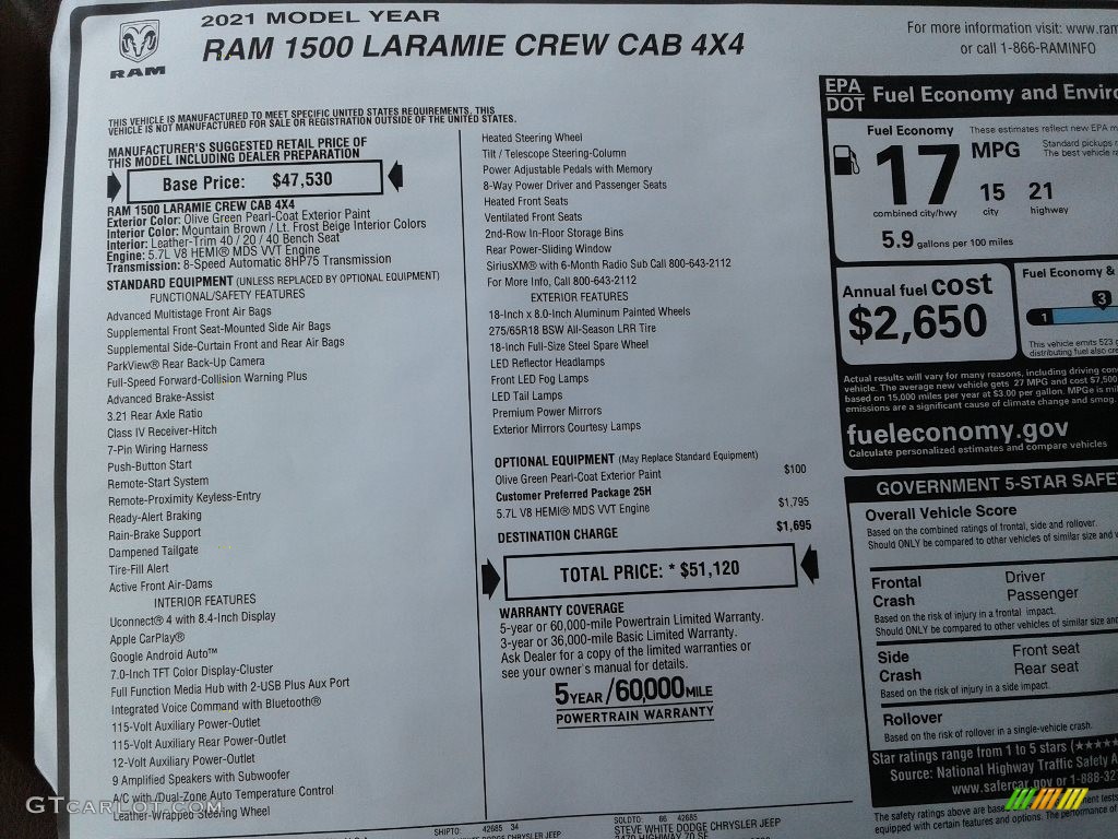 2021 Ram 1500 Laramie Crew Cab 4x4 Window Sticker Photo #139978078