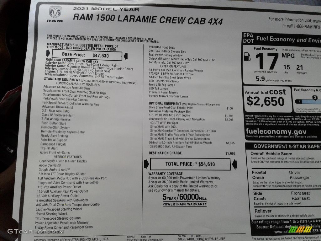 2021 Ram 1500 Laramie Crew Cab 4x4 Window Sticker Photo #139979020
