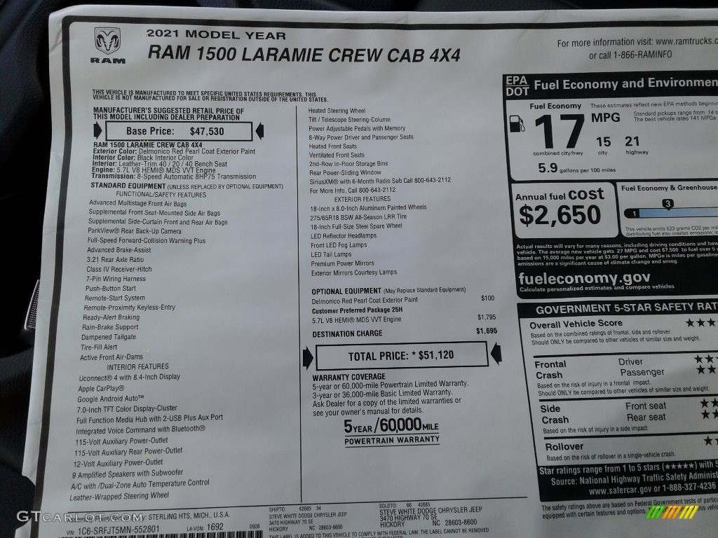 2021 Ram 1500 Laramie Crew Cab 4x4 Window Sticker Photo #139980598