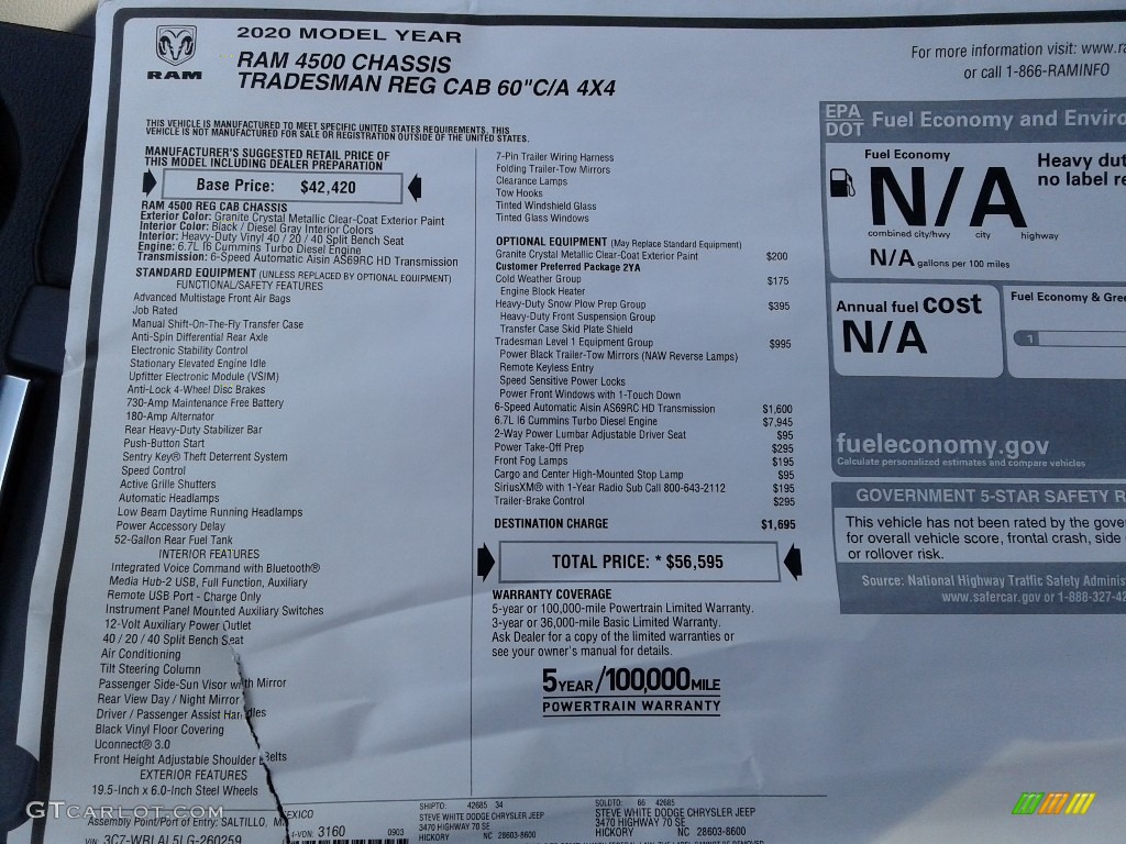 2020 Ram 4500 Tradesman Regular Cab 4x4 Chassis Window Sticker Photos
