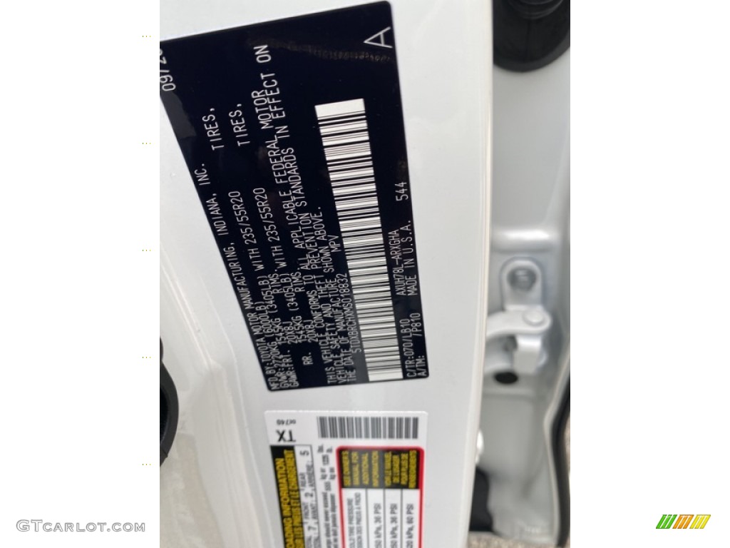 2021 Highlander Color Code 070 for Blizzard White Pearl Photo #139997076