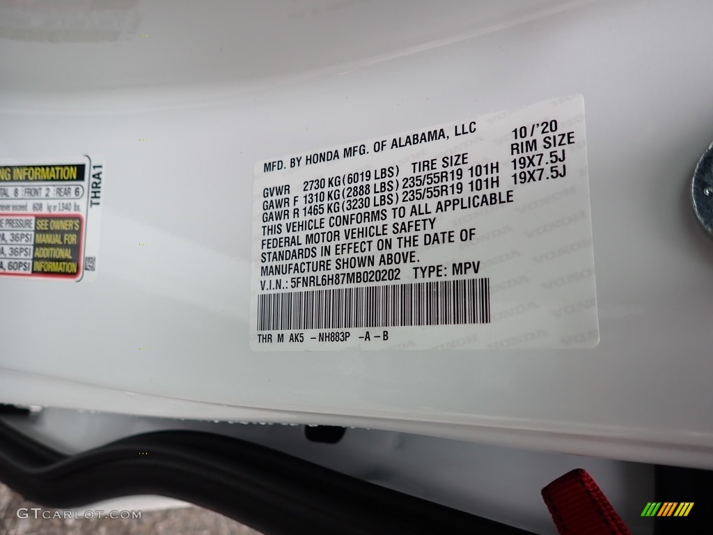 2021 Odyssey Color Code NH883P for Platinum White Pearl Photo #139998202