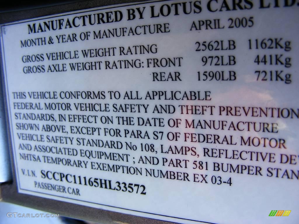 2005 Lotus Elise Standard Elise Model Info Tag Photo #13999852