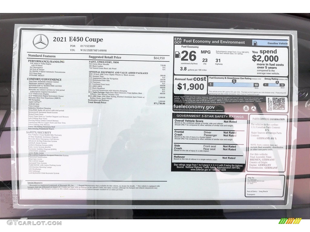 2021 Mercedes-Benz E 450 Coupe Window Sticker Photo #140001080