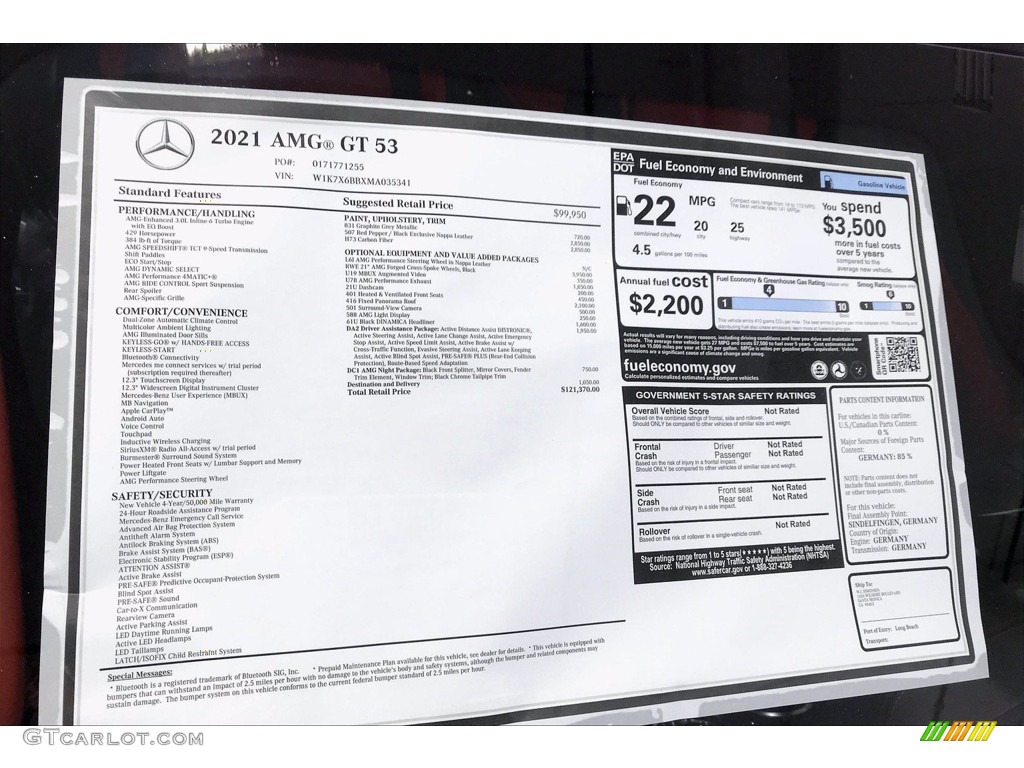 2021 Mercedes-Benz AMG GT 53 Window Sticker Photo #140001905