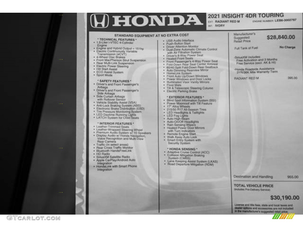 2021 Honda Insight Touring Window Sticker Photo #140002265