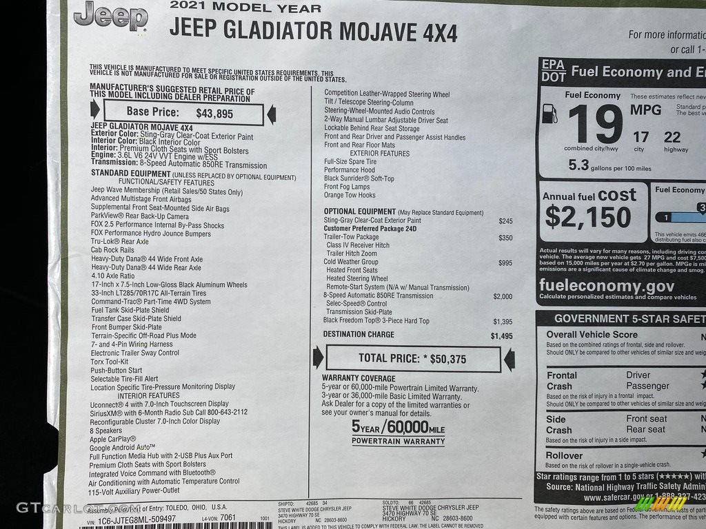 2021 Jeep Gladiator Mojave 4x4 Window Sticker Photo #140010171