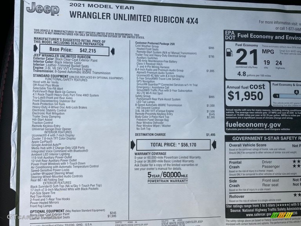 2021 Jeep Wrangler Unlimited Rubicon 4x4 Window Sticker Photo #140010835