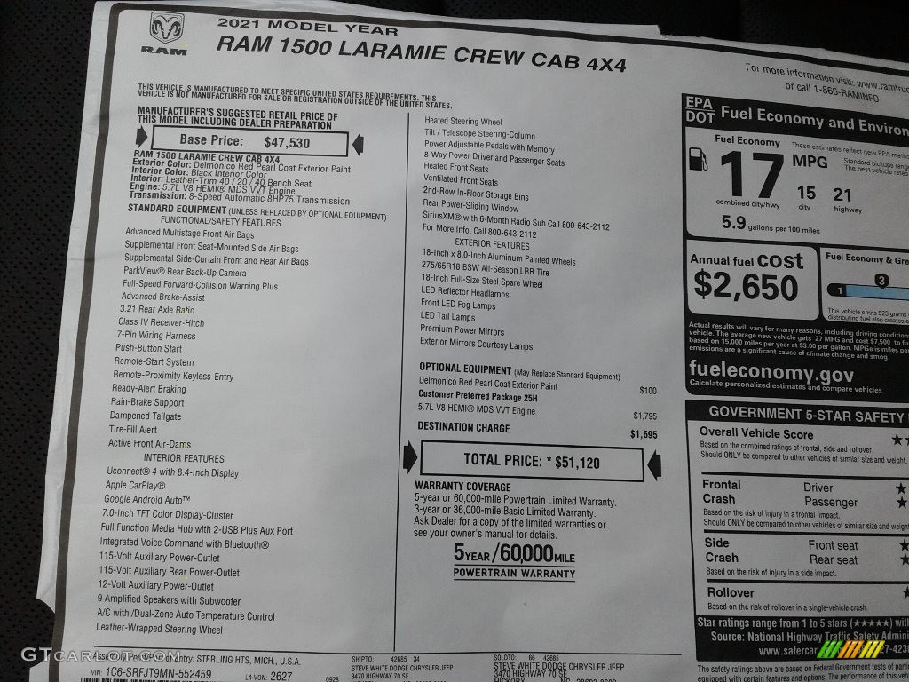 2021 Ram 1500 Laramie Crew Cab 4x4 Window Sticker Photo #140011432