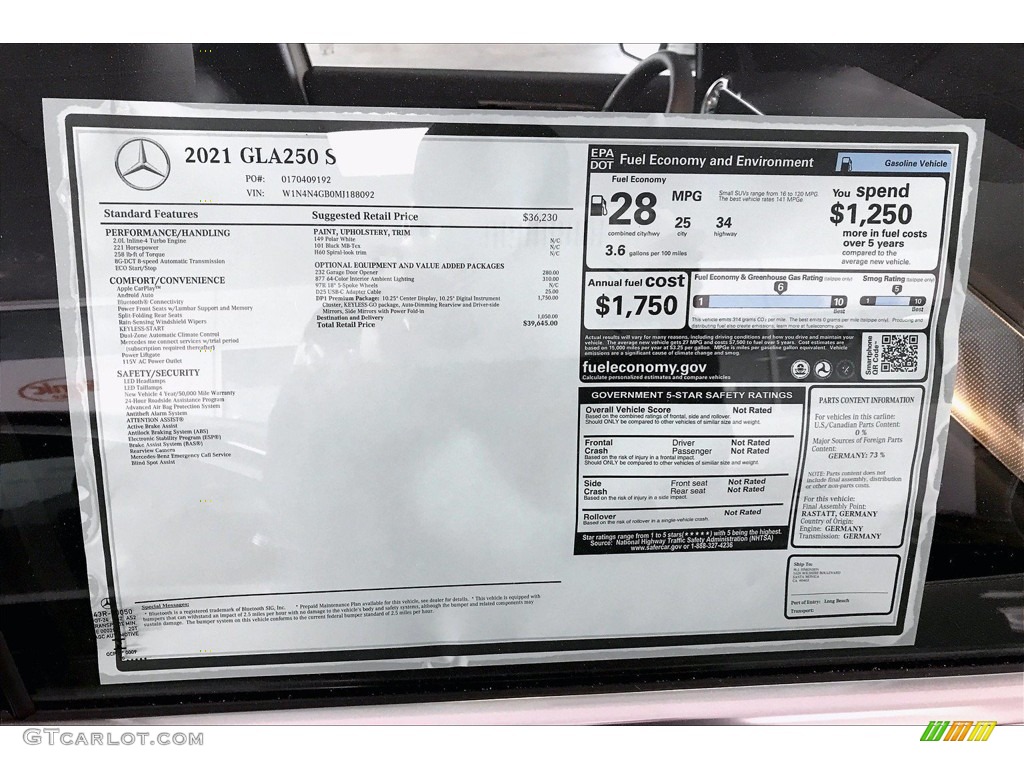 2021 Mercedes-Benz GLA 250 Window Sticker Photo #140014129