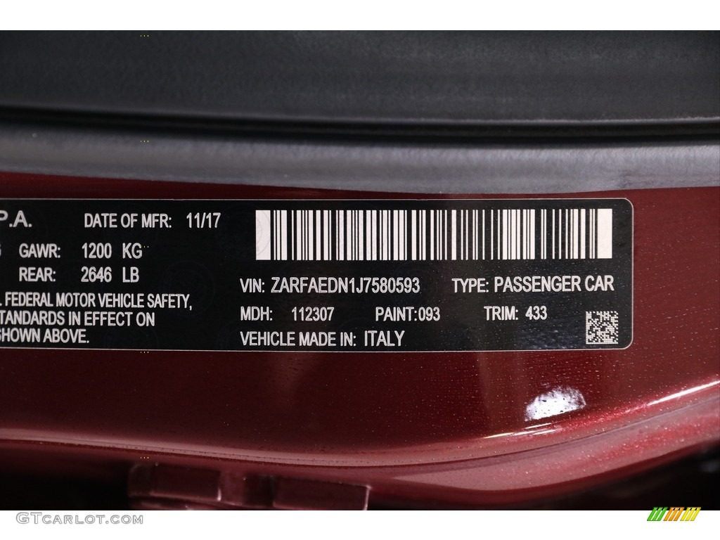 2018 Alfa Romeo Giulia Sport AWD Color Code Photos