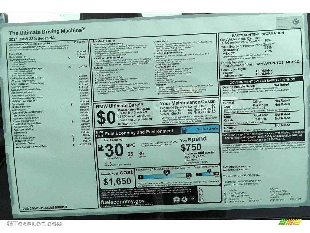 2021 3 Series 330i Sedan - Alpine White / Black photo #17