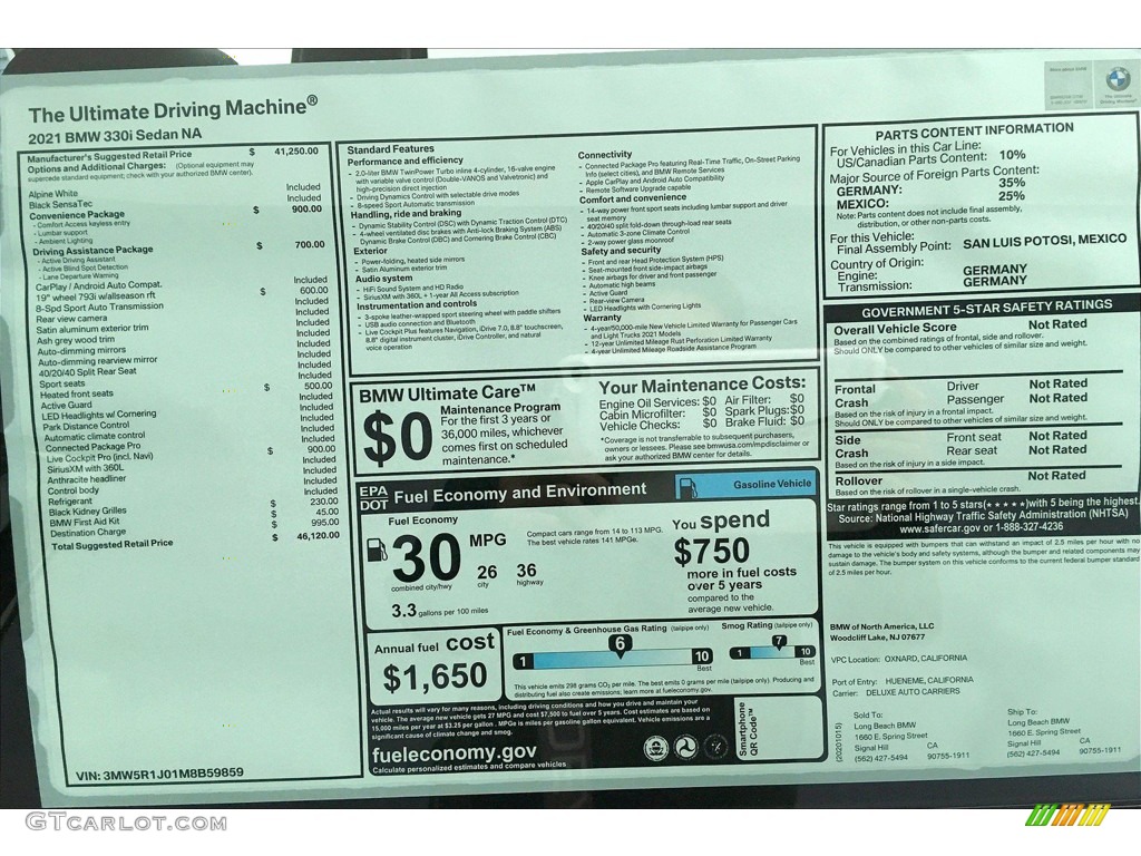 2021 3 Series 330i Sedan - Alpine White / Black photo #17