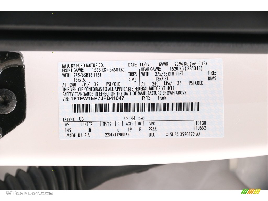 2018 F150 Color Code UG for White Platinum Photo #140037292