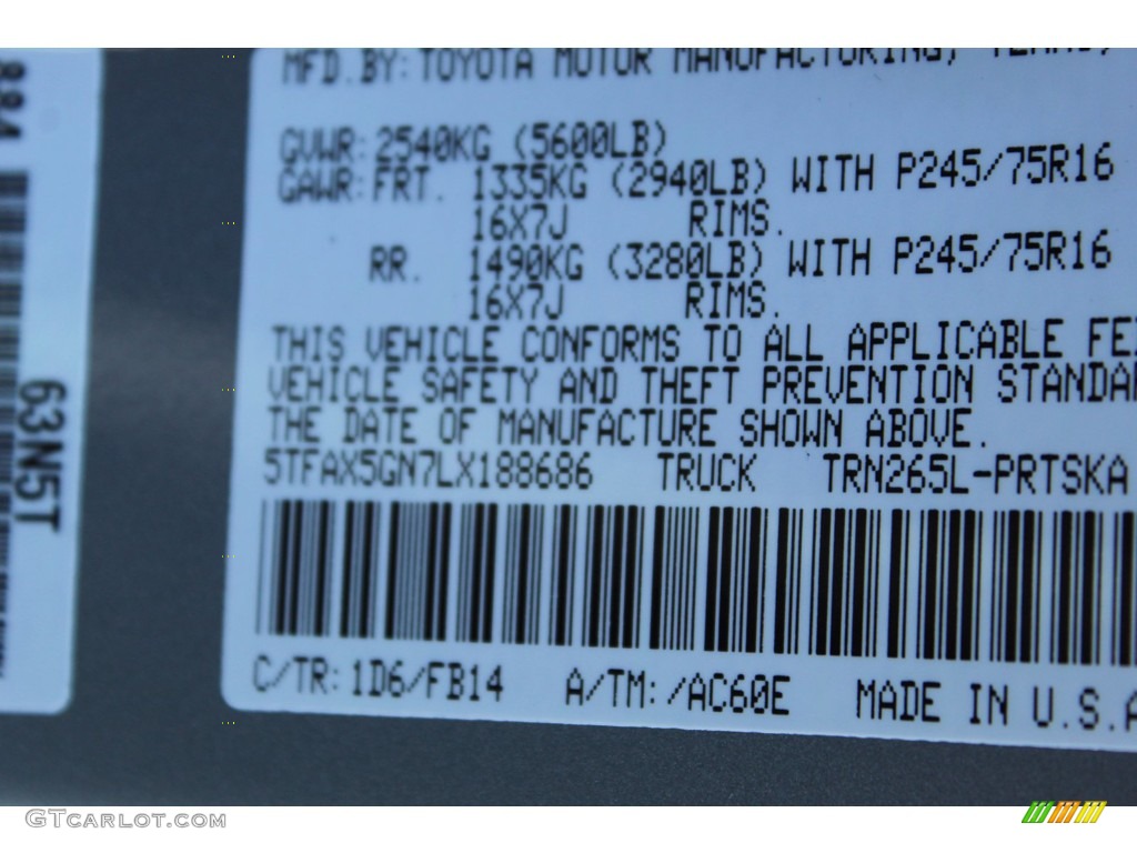 2020 Tacoma Color Code 1D6 for Silver Sky Metallic Photo #140046307