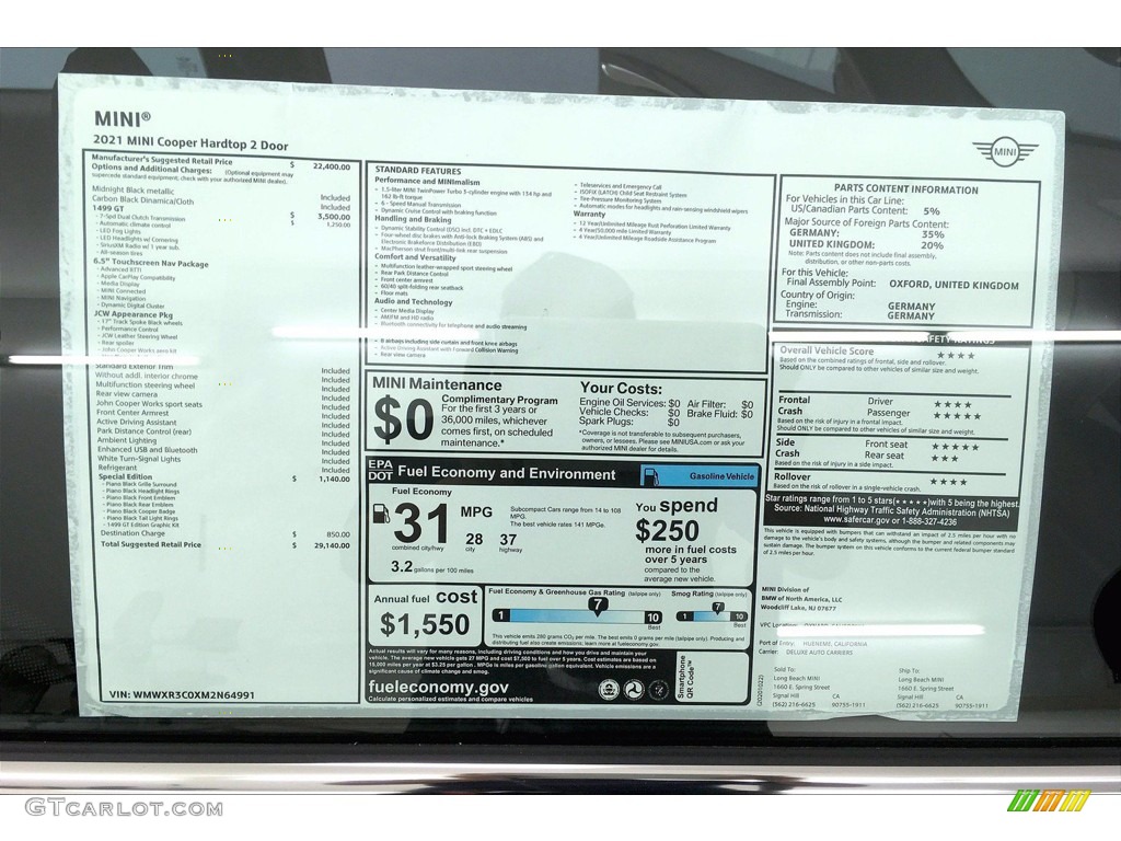 2021 Mini Hardtop Cooper 1499 GT Special Edition Window Sticker Photos