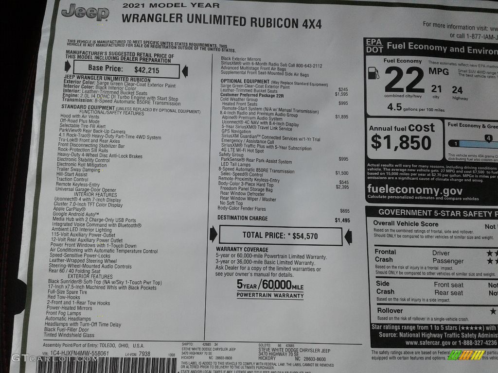 2021 Jeep Wrangler Unlimited Rubicon 4x4 Window Sticker Photo #140067911