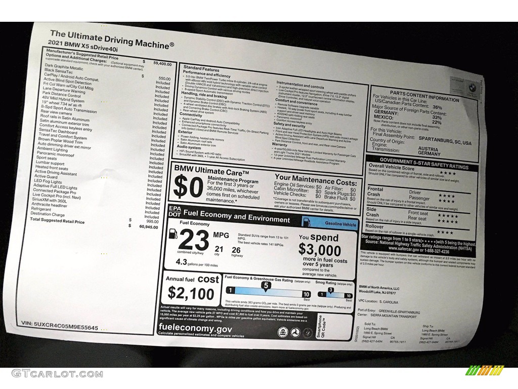 2021 BMW X5 sDrive40i Window Sticker Photo #140070065