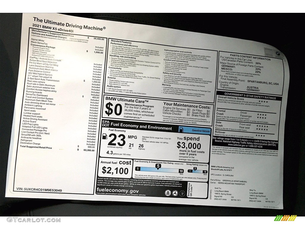 2021 BMW X5 sDrive40i Window Sticker Photo #140070122