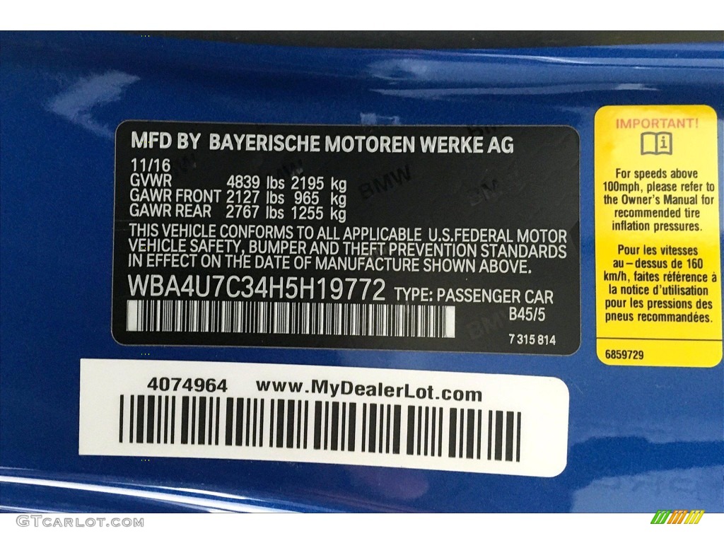 2017 4 Series Color Code B45 for Estoril Blue Metallic Photo #140073645