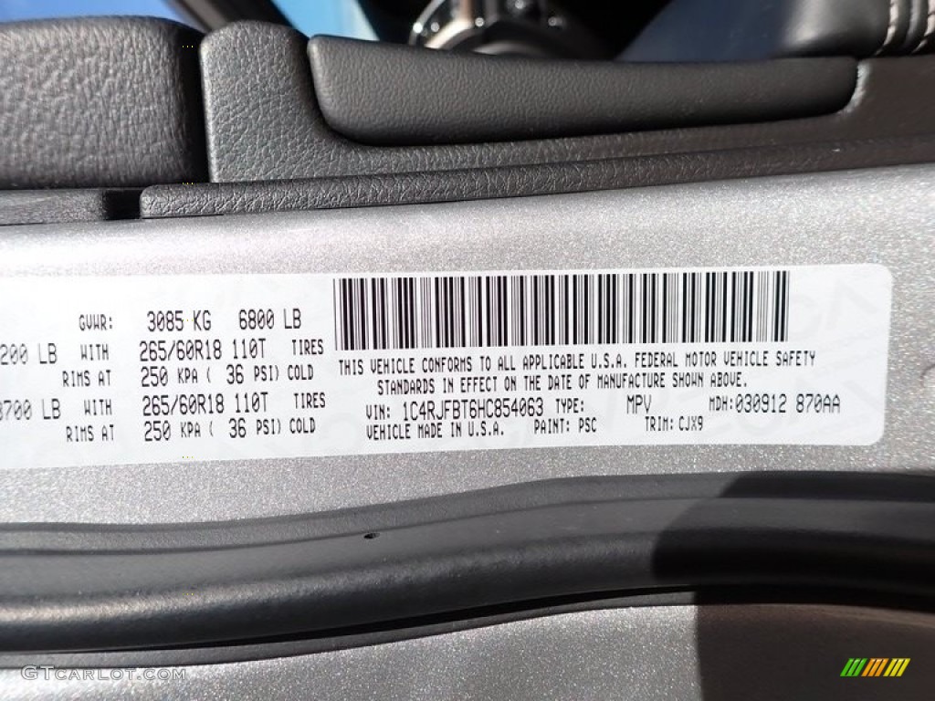2017 Grand Cherokee Color Code PSC for Billet Silver Metallic Photo #140078345