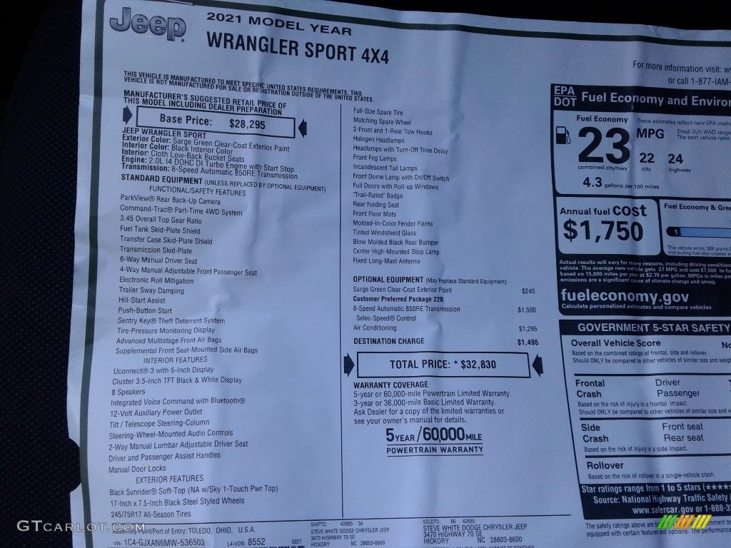 2021 Jeep Wrangler Sport 4x4 Window Sticker Photo #140082958