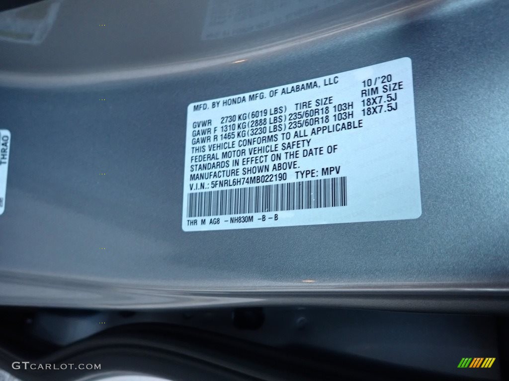 2021 Odyssey Color Code NH830M for Lunar Silver Metallic Photo #140085284