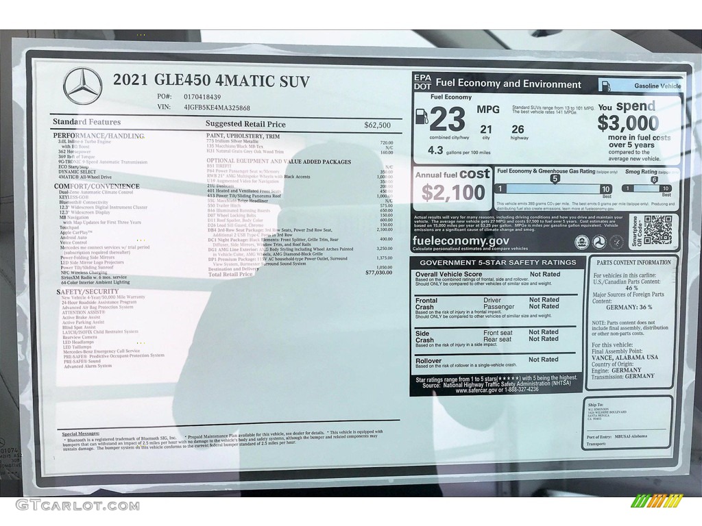 2021 Mercedes-Benz GLE 450 4Matic Window Sticker Photo #140089387