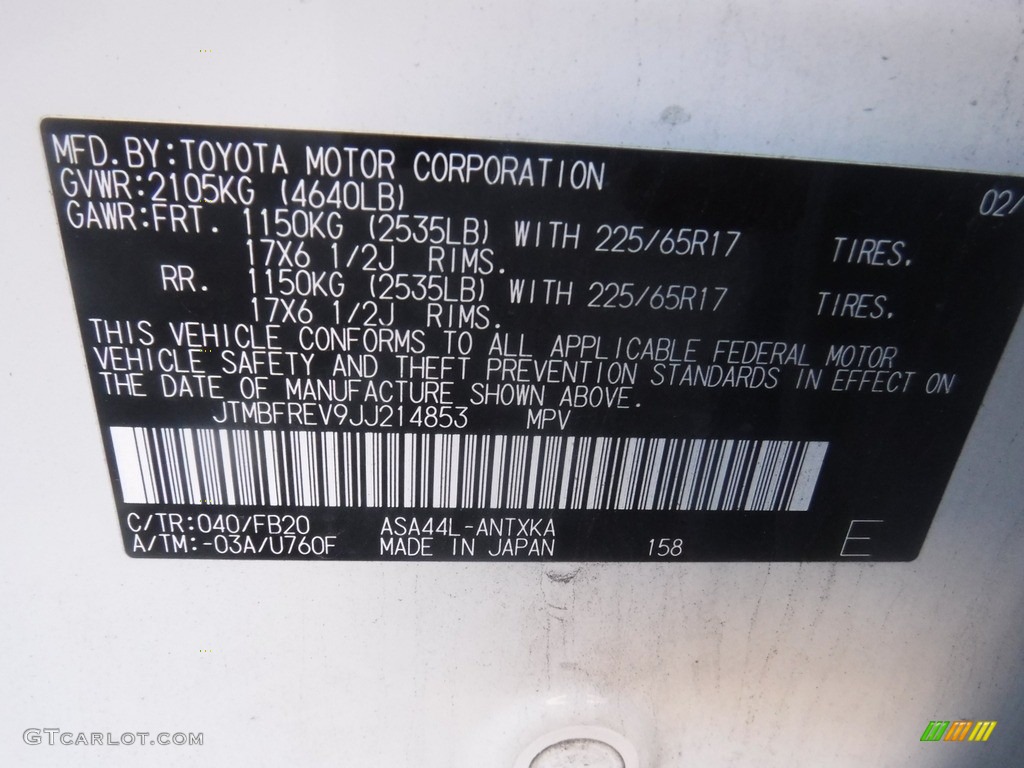 2018 RAV4 Color Code 040 for Super White Photo #140093278