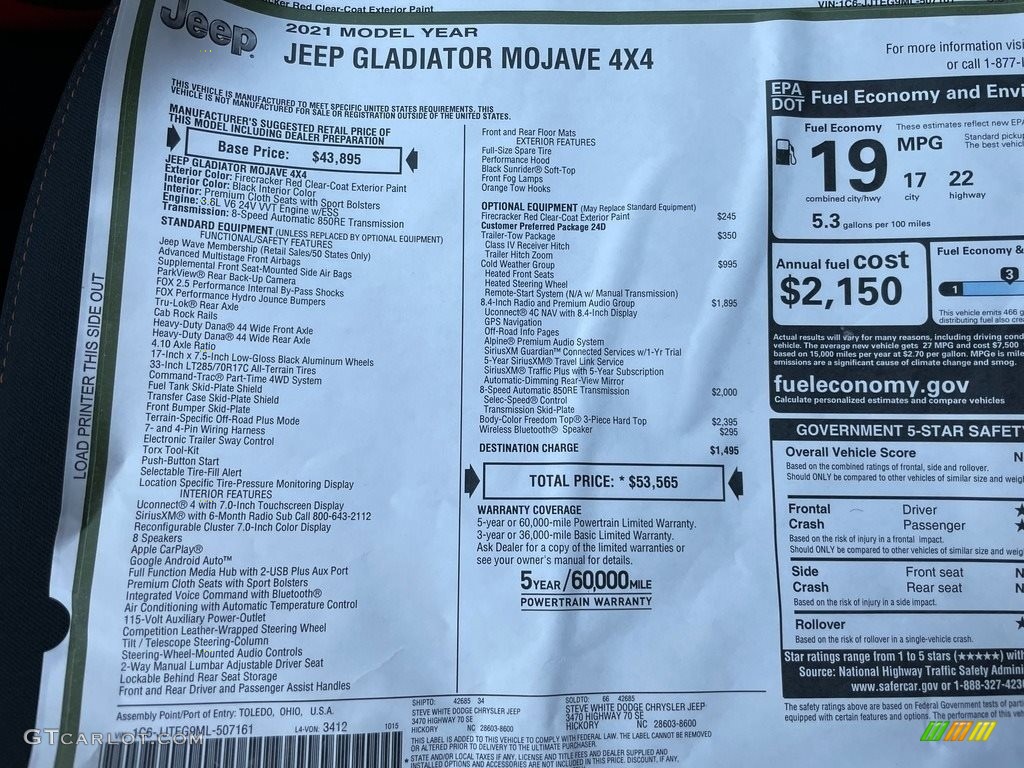 2021 Jeep Gladiator Mojave 4x4 Window Sticker Photo #140097779