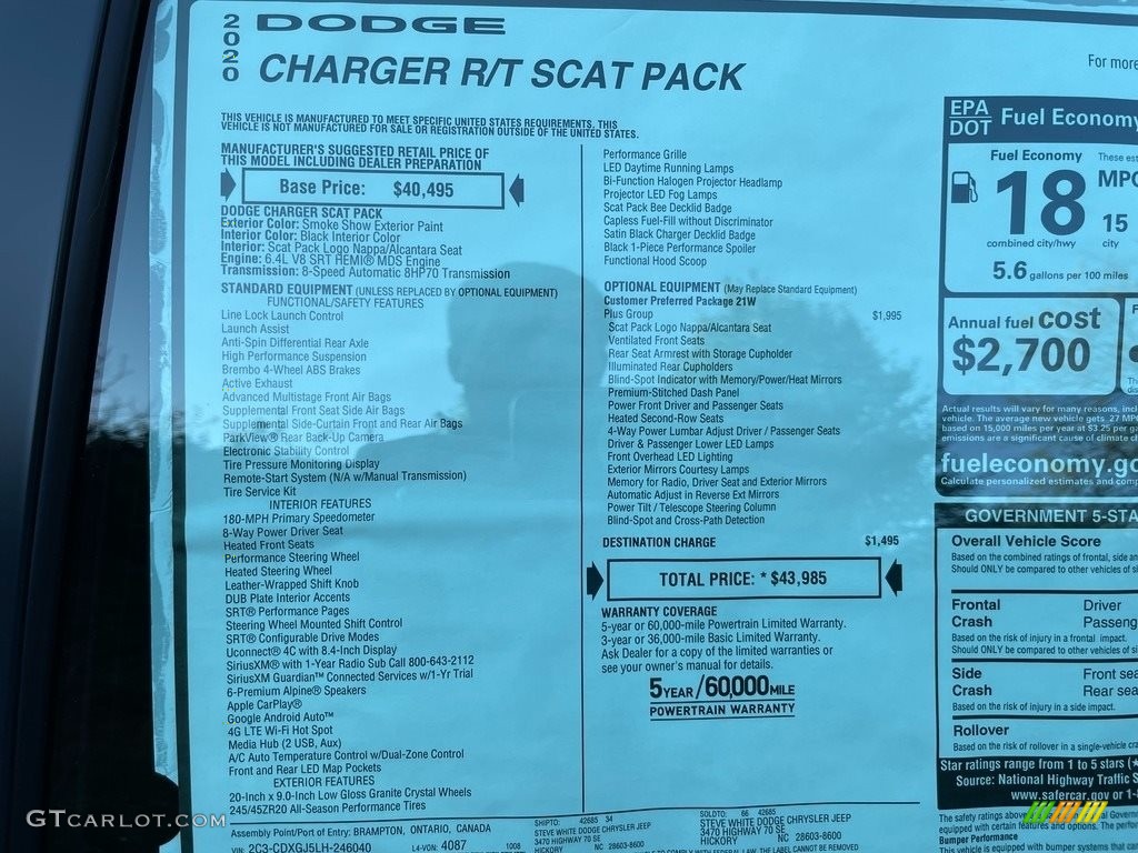2020 Dodge Charger Scat Pack Window Sticker Photo #140099445