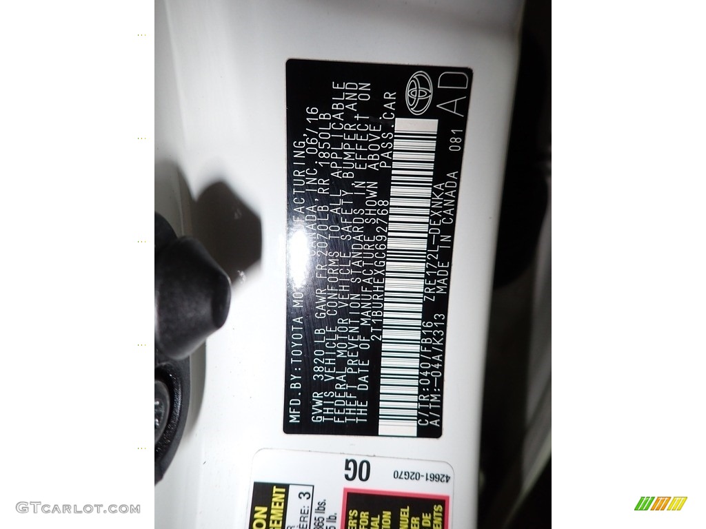 2016 Corolla Color Code 040 for Super White Photo #140101050