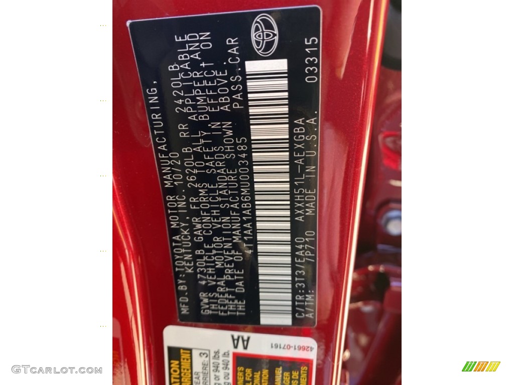 2021 Toyota Avalon Hybrid XLE Color Code Photos