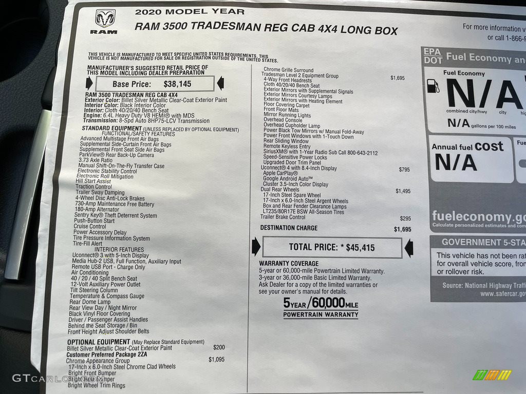 2020 Ram 3500 Tradesman Regular Cab 4x4 Window Sticker Photo #140110567