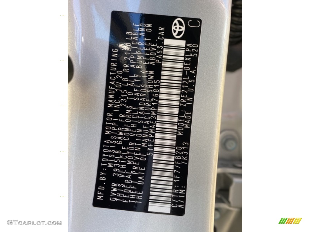 2021 Corolla Color Code 1F7 for Classic Silver Metallic Photo #140111419