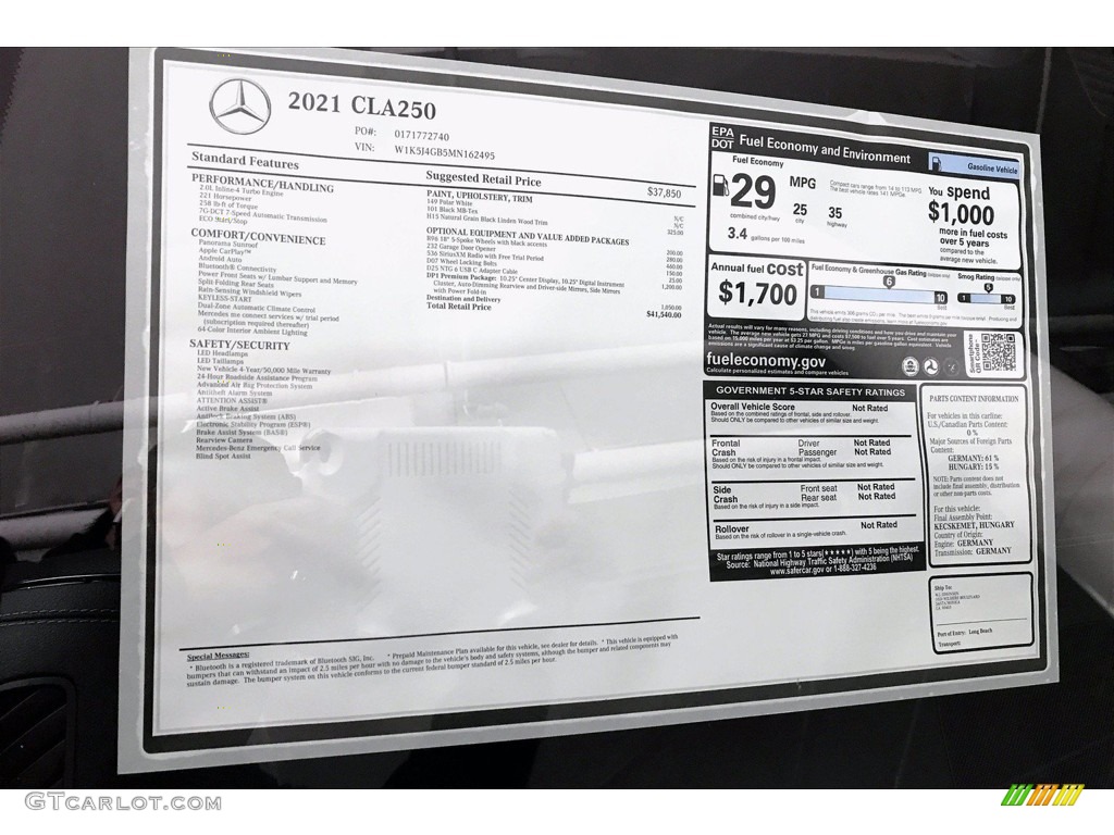 2021 Mercedes-Benz CLA 250 Coupe Window Sticker Photo #140130363