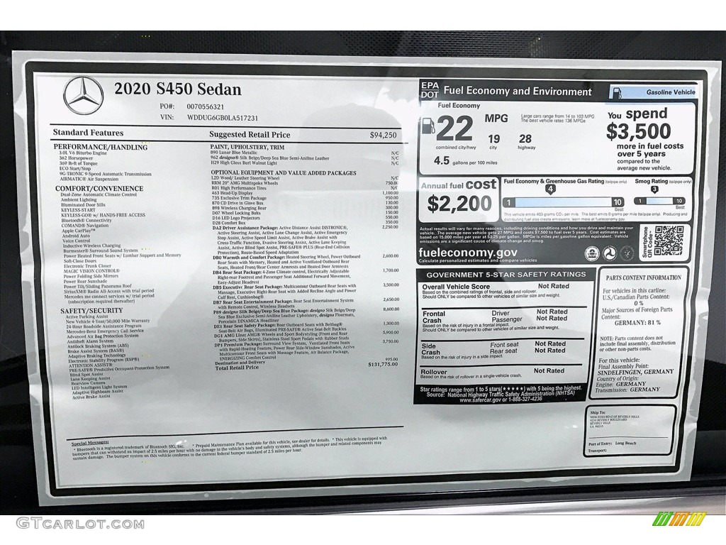 2020 Mercedes-Benz S 450 Sedan Window Sticker Photo #140132418