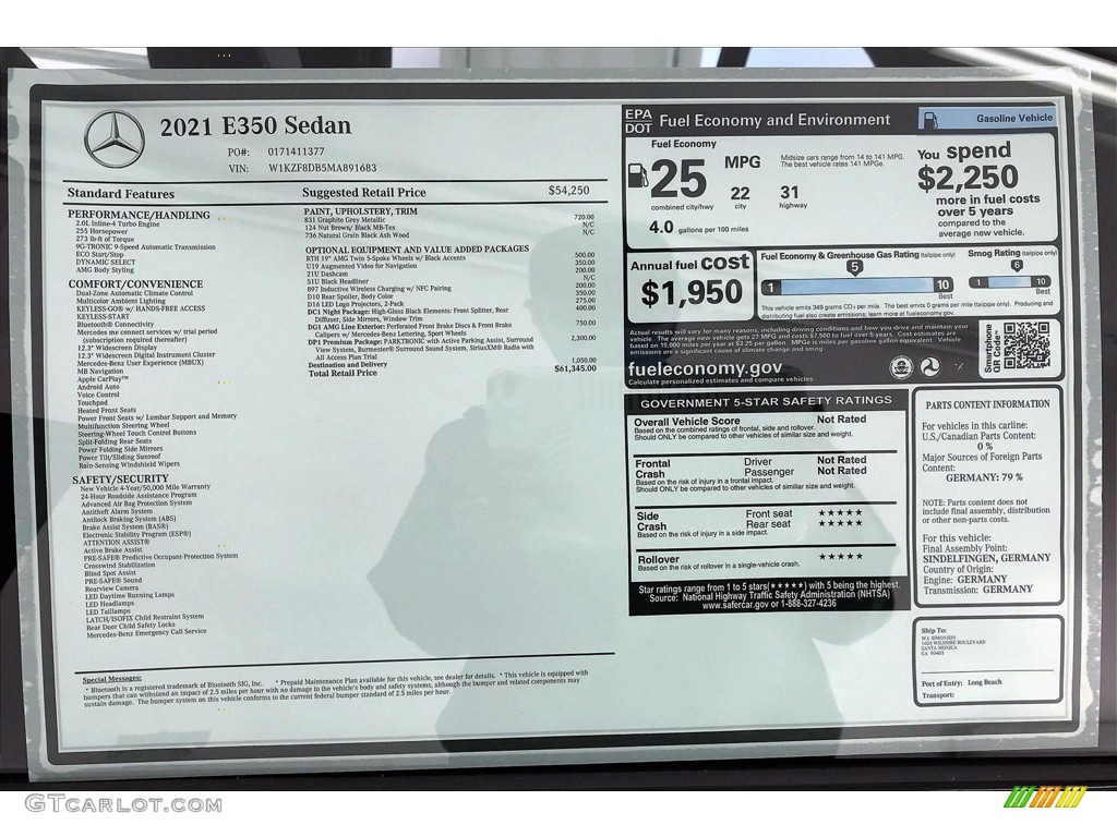 2021 Mercedes-Benz E 350 Sedan Window Sticker Photo #140141063