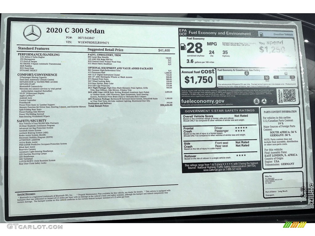 2020 Mercedes-Benz C 300 Sedan Window Sticker Photo #140141660