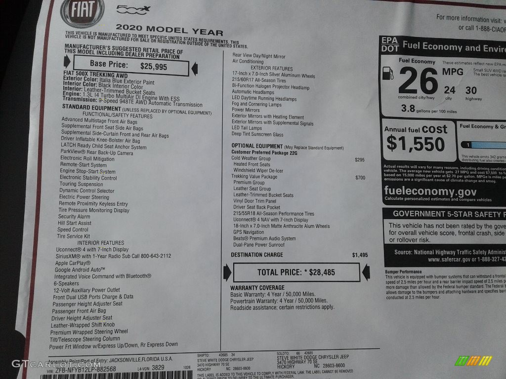 2020 Fiat 500X Trekking AWD Window Sticker Photo #140142617