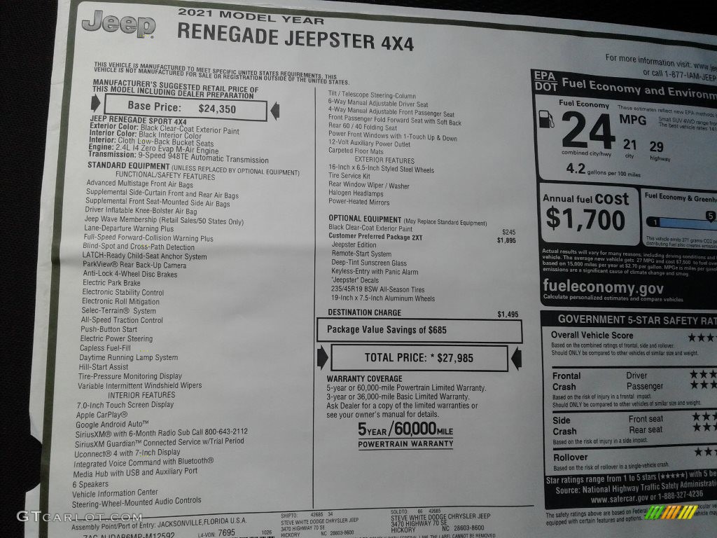 2021 Jeep Renegade Jeepster 4x4 Window Sticker Photo #140143436