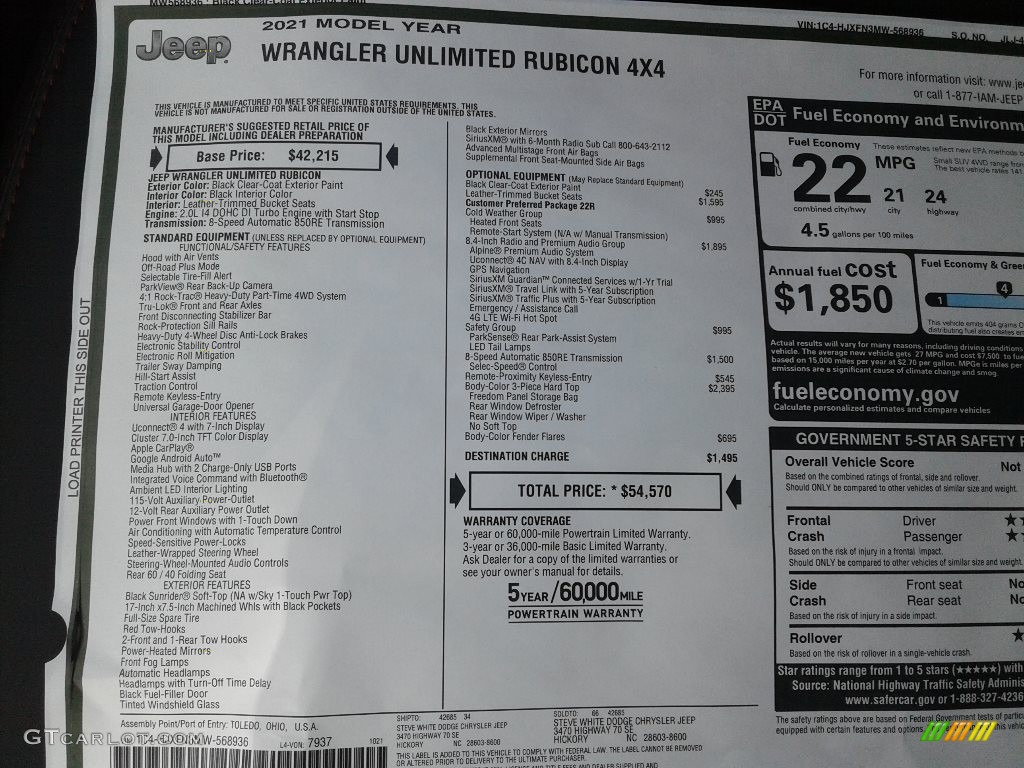 2021 Jeep Wrangler Unlimited Rubicon 4x4 Window Sticker Photo #140144258