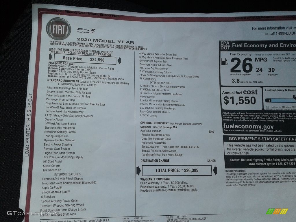 2020 Fiat 500X Pop AWD Window Sticker Photos