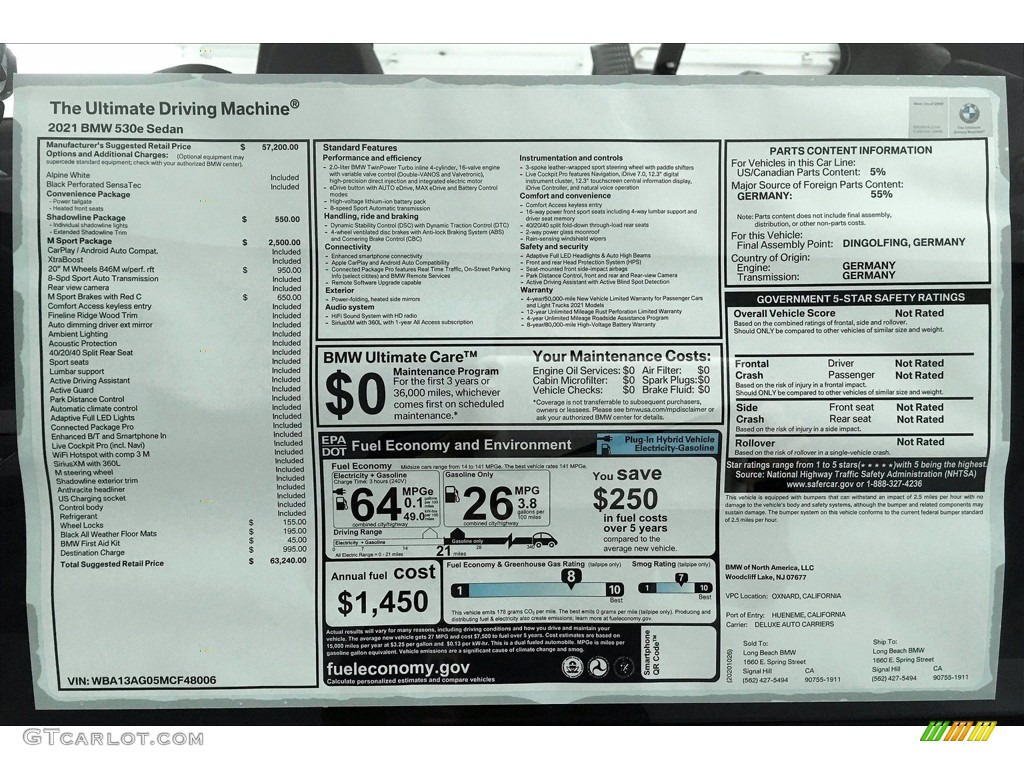 2021 BMW 5 Series 530e Sedan Window Sticker Photo #140148686