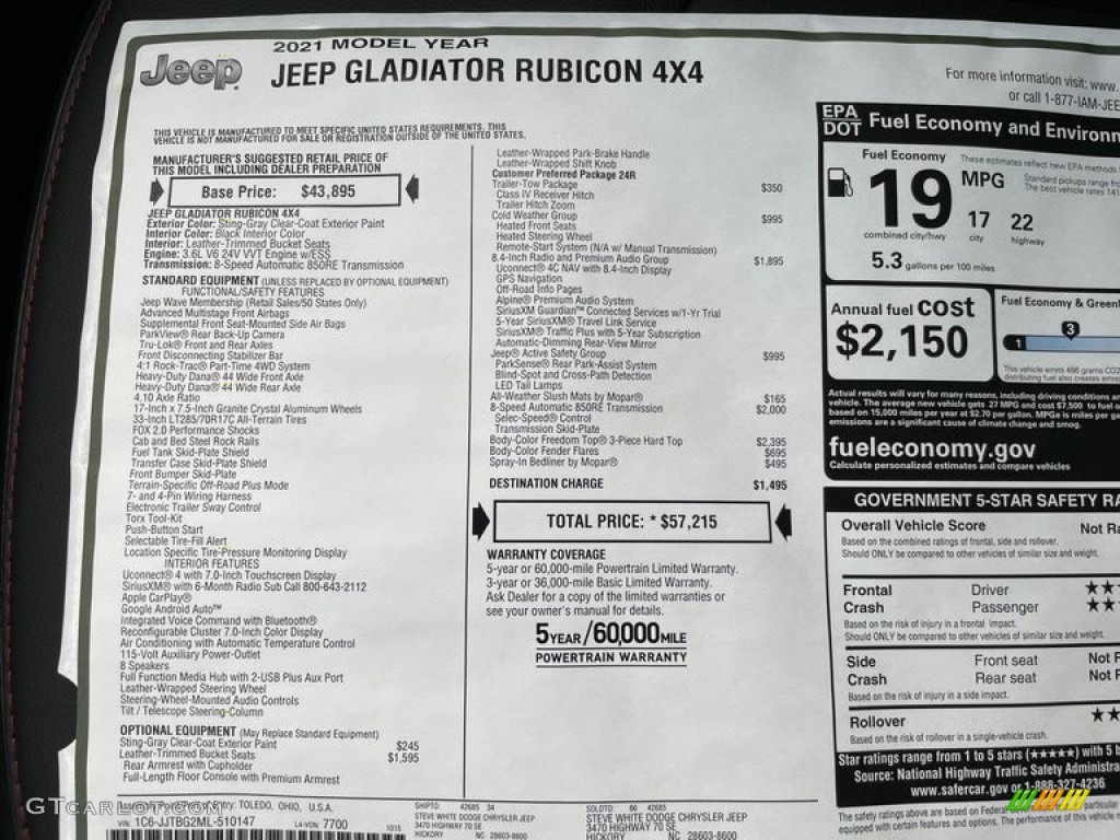 2021 Jeep Gladiator Rubicon 4x4 Window Sticker Photo #140157429