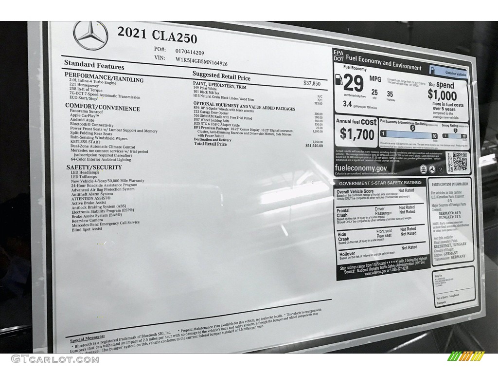 2021 Mercedes-Benz CLA 250 Coupe Window Sticker Photo #140169696