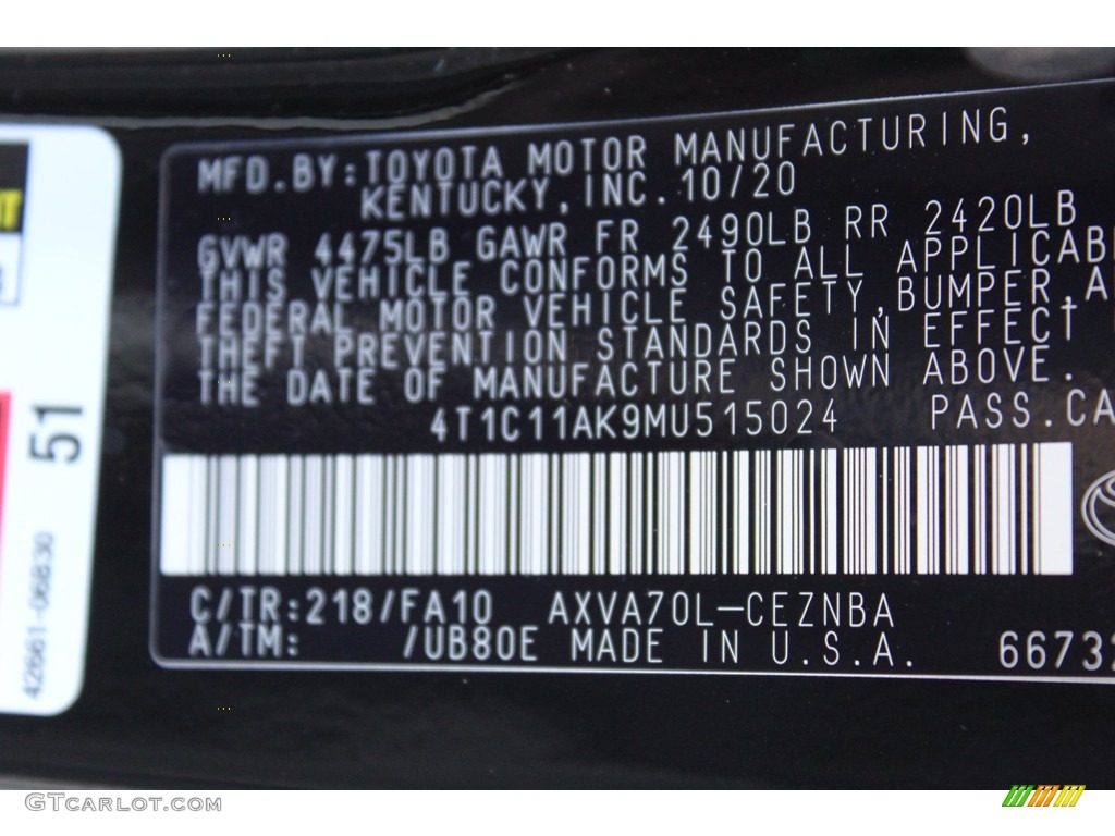 2021 Toyota Camry LE Color Code Photos