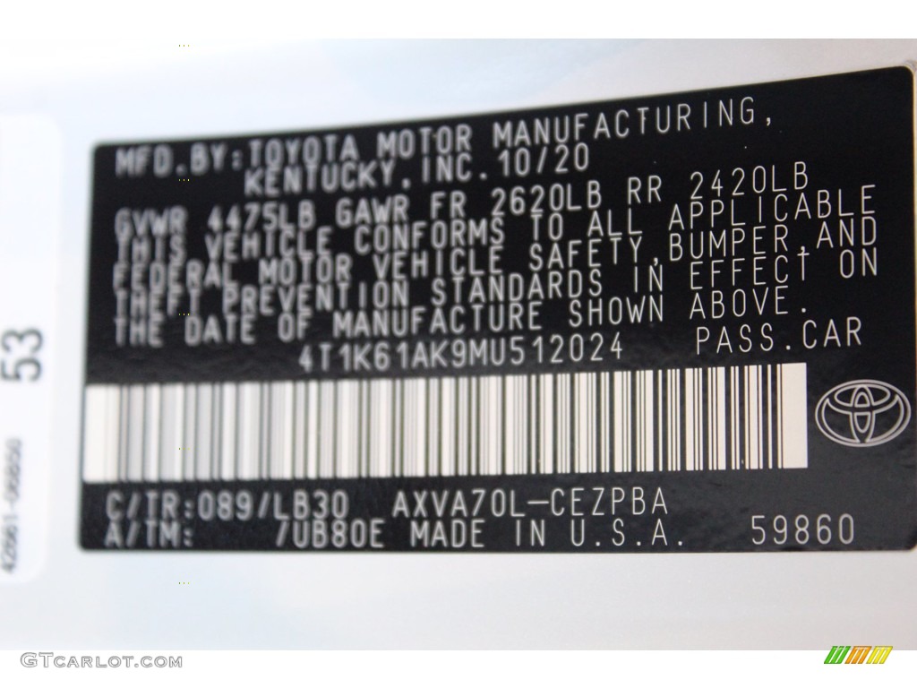 2021 Camry Color Code 089 for Wind Chill Pearl Photo #140181827